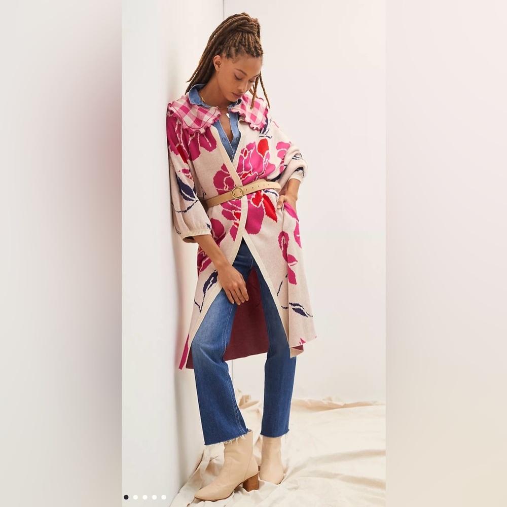 Anthropologie Bel Kazan Floral Gingham Removable Collared Duster Cardigan - Picture 2 of 15